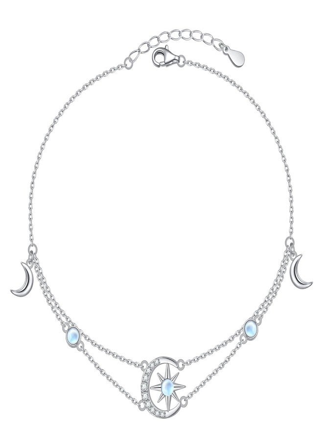 Flyow Anklets for Women 925 Sterling Silver Moon Star Adjustable Foot Anklet Moonstone Boho Summer Beach Double Layer Anklets Bracelet Jewelry for Women Birthday Holiday Christmas - Image 1