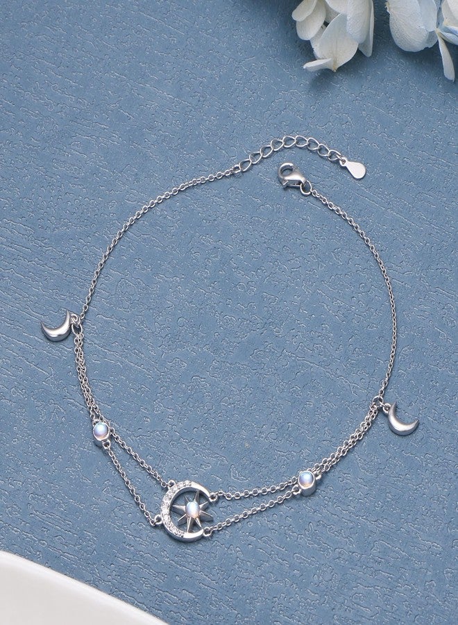 Flyow Anklets for Women 925 Sterling Silver Moon Star Adjustable Foot Anklet Moonstone Boho Summer Beach Double Layer Anklets Bracelet Jewelry for Women Birthday Holiday Christmas - Image 2