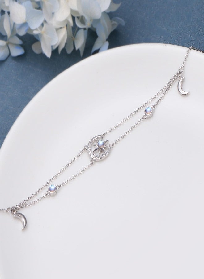 Flyow Anklets for Women 925 Sterling Silver Moon Star Adjustable Foot Anklet Moonstone Boho Summer Beach Double Layer Anklets Bracelet Jewelry for Women Birthday Holiday Christmas - Image 4