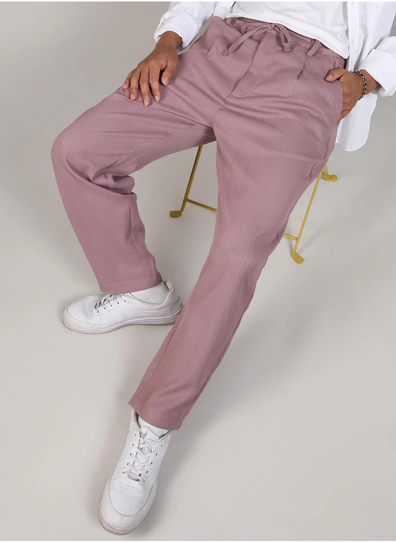 Campus Sutra Men's Mauve Pink Tailored Linen-Blend Trousers