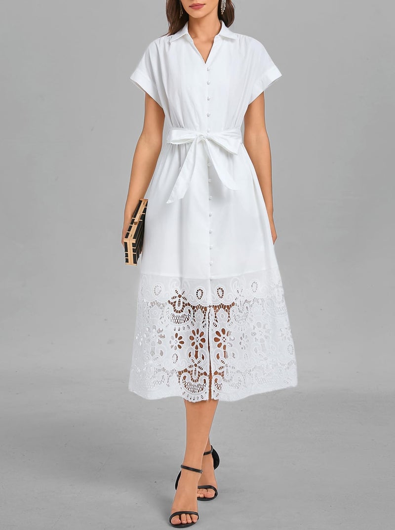 Ladyful Women's Button Down Shirt Dress Belted Short Sleeve Midi Dresses Hollow Collared Business Elegant A-Line Dress White - Image 5