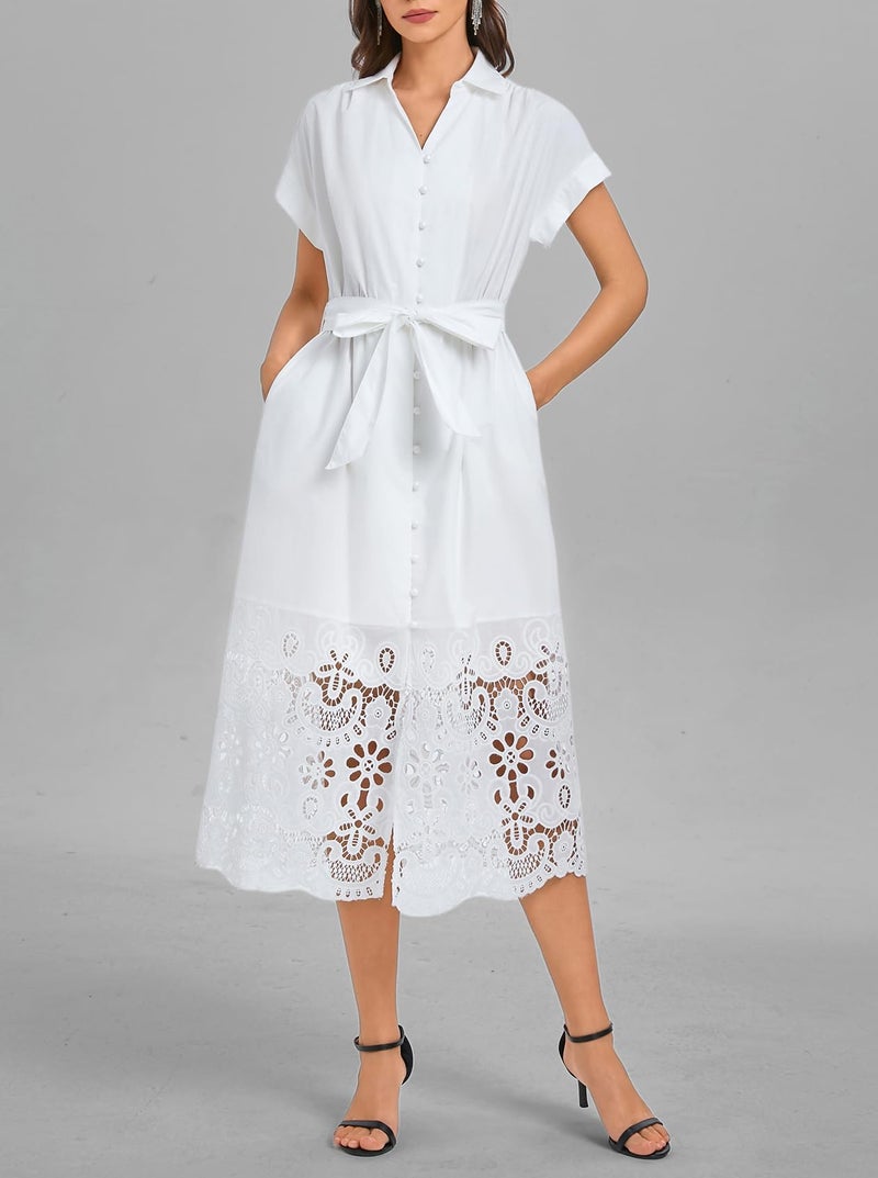 Ladyful Women's Button Down Shirt Dress Belted Short Sleeve Midi Dresses Hollow Collared Business Elegant A-Line Dress White - Image 4