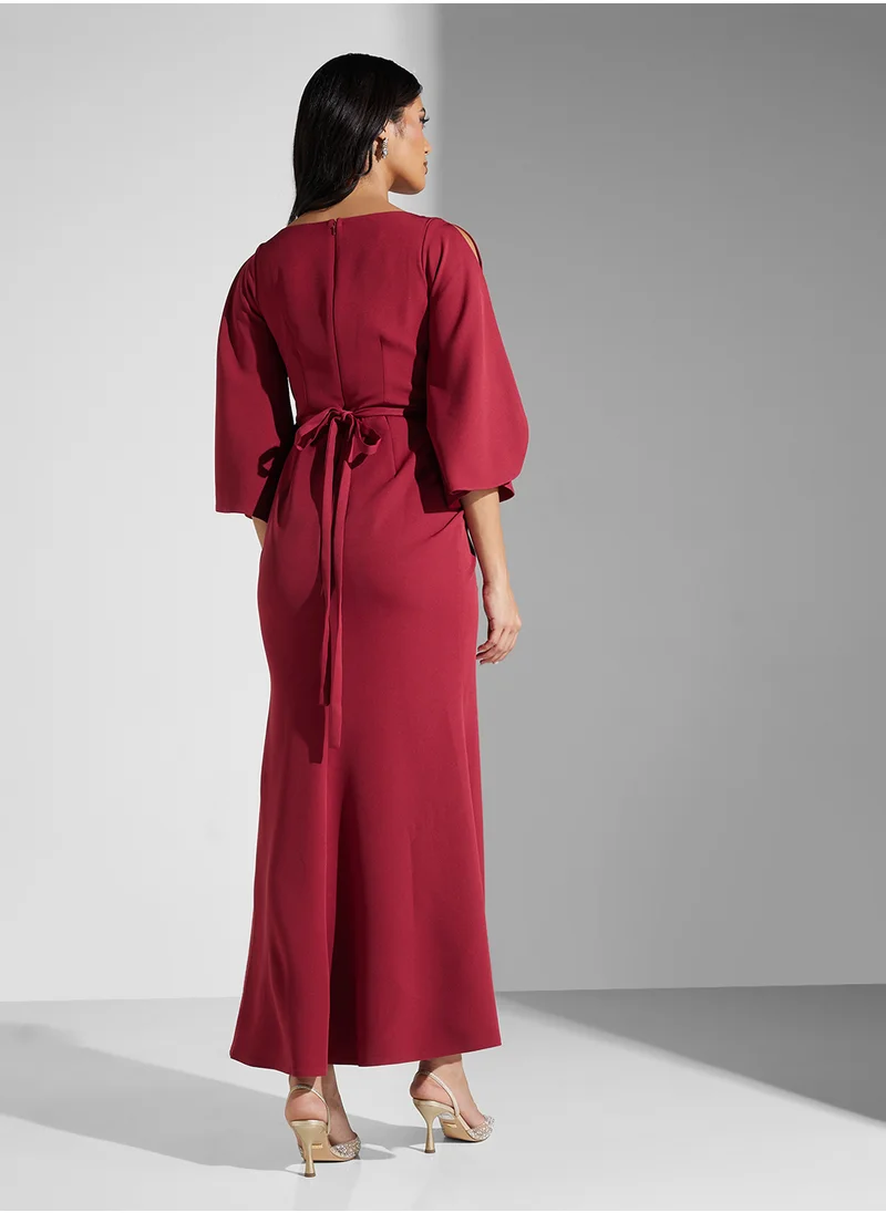 Namshi x Puff Sleeve Shift Dress With Crosage Belt