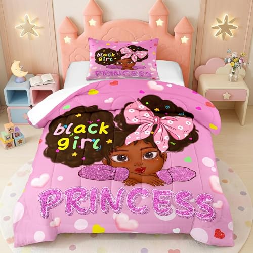 Jiospet Black Girls Comforter Twin - Black Girl Comforter Set for Kids Bedroom Pink Princess Room Decor Kids Bedding Sets for Girls, 1 Comforter +1 Pillowcase - Image 1