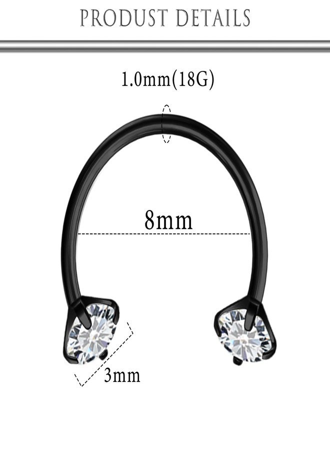 Hoeudjo 18G Horseshoe Nose Ring Surgical Steel Half Horse Shoe Nose Rings for Women Internally Threaded Double Gem Nose Piercing Jewelry Ring Size 8MM Black - Image 2