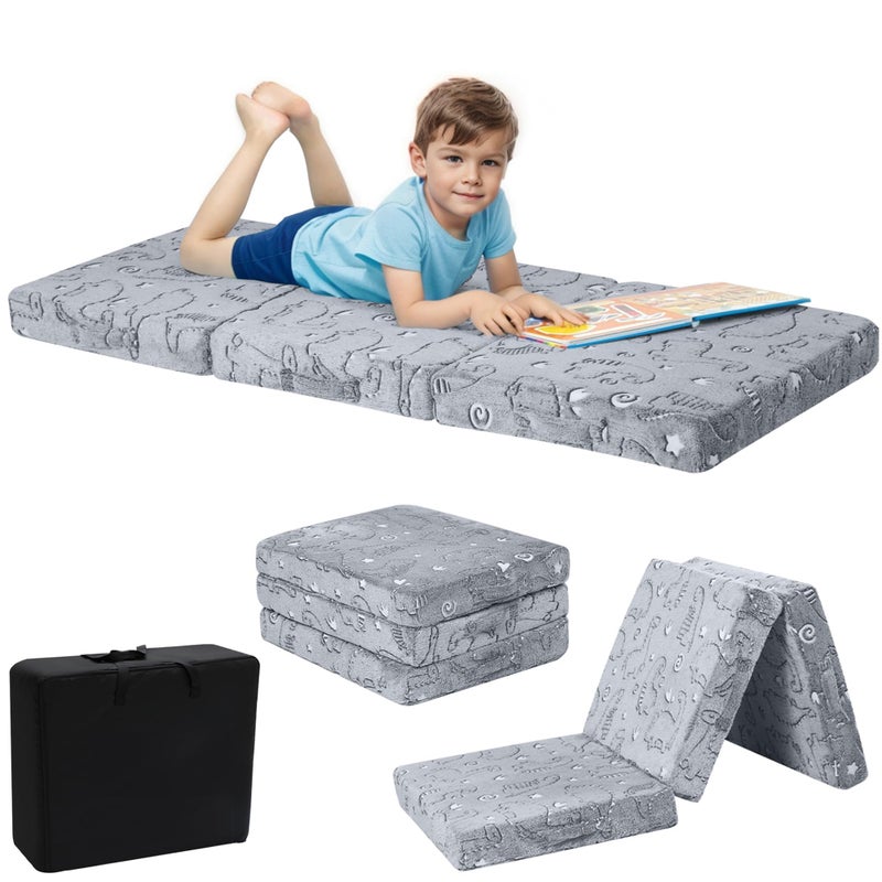 MeMoreCool Glow Dinosaur Foldable Floor Mattress for Kids, Trifold Nap Mat for Toddlers, Portable Daycare Sleeping Futon or Floor Bed, 57x22 Inch - Image 1