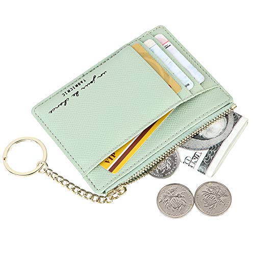 Cynure Women's 8 Cards Slim Minimalist Card Holder Coin Changes Purse Keychain Front Pocket Wallet, green - Image 2