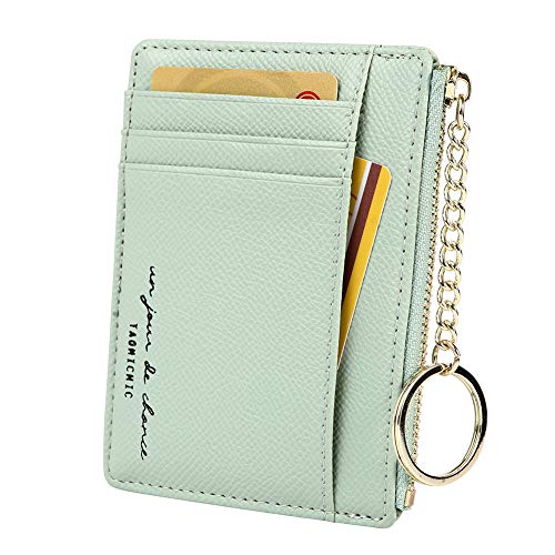 Cynure Women's 8 Cards Slim Minimalist Card Holder Coin Changes Purse Keychain Front Pocket Wallet, green - Image 1