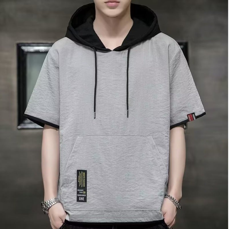 2025 Ice Silk T-shirt Mens Summer Teenagers Half-sleeved Solid Color Hooded Short-sleeved Top Junior High School Senior high school Students Summer Dress Grey - Image 1
