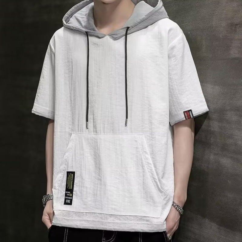 2025 Ice Silk T-shirt Mens Summer Teenagers Half-sleeved Solid Color Hooded Short-sleeved Top Junior High School Senior high school Students Summer Dress Grey - Image 3