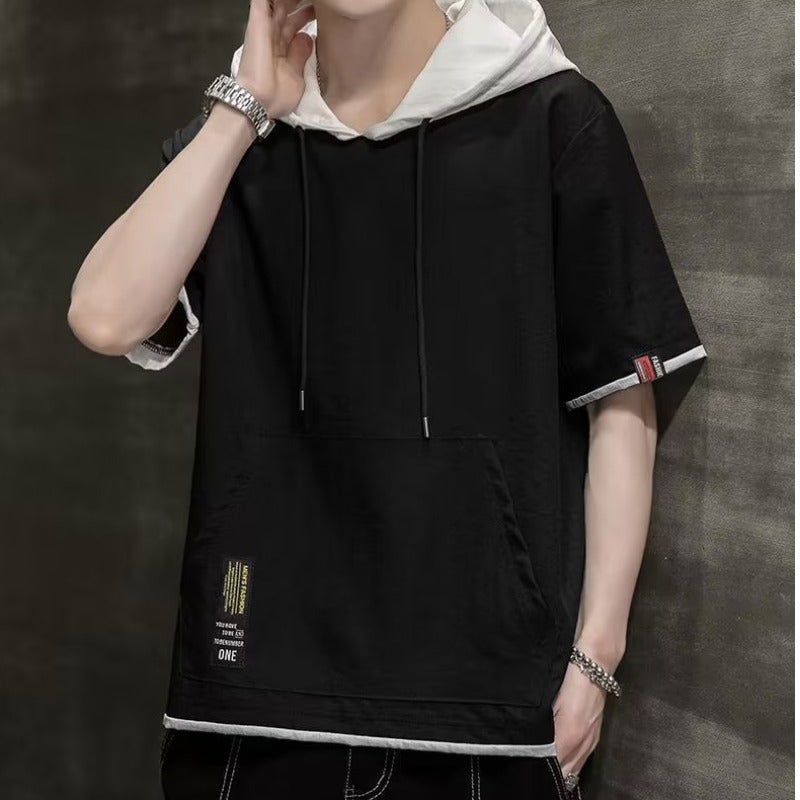 2025 Ice Silk T-shirt Mens Summer Teenagers Half-sleeved Solid Color Hooded Short-sleeved Top Junior High School Senior high school Students Summer Dress Grey - Image 2