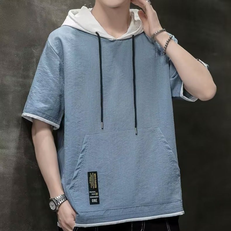2025 Ice Silk T-shirt Mens Summer Teenagers Half-sleeved Solid Color Hooded Short-sleeved Top Junior High School Senior high school Students Summer Dress Grey - Image 4