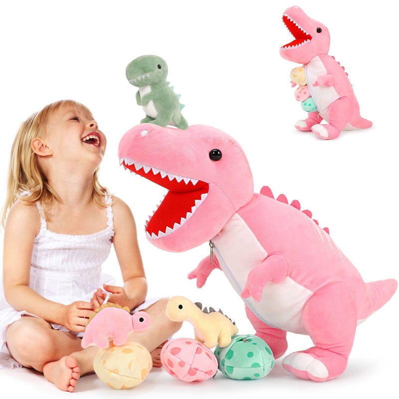 MorisMos Dinosaur Stuffed Animal with Babies236 Big Mommy Stuffed Dino Trex with 3 Baby Dino Stuffed Toys 3 Eggs Plush Inside Belly Boy Girl Dinosaur Toys for Kids 35 Pink Trex Toys Gift - Image 3
