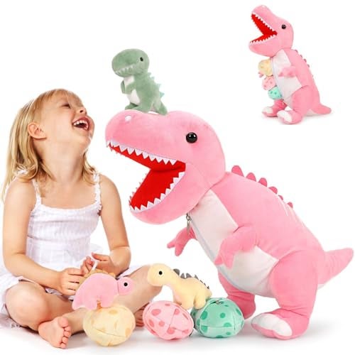 MorisMos Dinosaur Stuffed Animal with Babies236 Big Mommy Stuffed Dino Trex with 3 Baby Dino Stuffed Toys 3 Eggs Plush Inside Belly Boy Girl Dinosaur Toys for Kids 35 Pink Trex Toys Gift - Image 1
