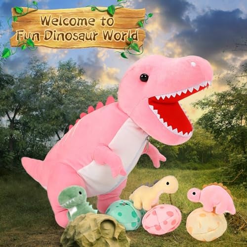 MorisMos Dinosaur Stuffed Animal with Babies236 Big Mommy Stuffed Dino Trex with 3 Baby Dino Stuffed Toys 3 Eggs Plush Inside Belly Boy Girl Dinosaur Toys for Kids 35 Pink Trex Toys Gift - Image 5