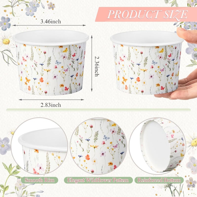 Maxdot 50 Pcs Spring Snack Cups 9oz Disposable Ice Cream Cups Flower and Butterfly Decorative Paper Dessert Bowls Spring Party Supplies for Yogurt, Cupcakes, Soup Hot or Cold Food - Image 2