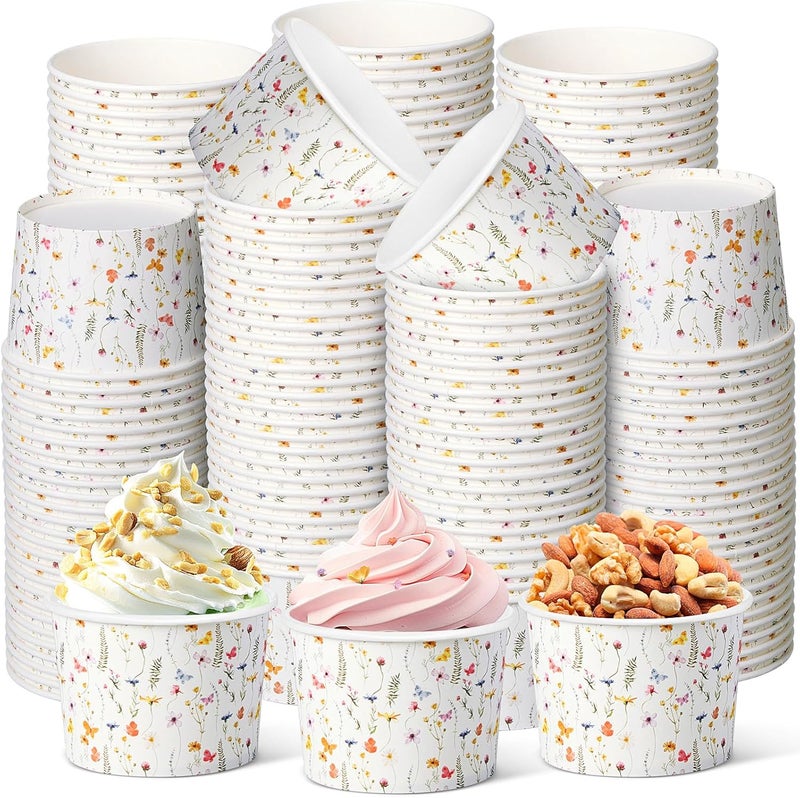 Maxdot 50 Pcs Spring Snack Cups 9oz Disposable Ice Cream Cups Flower and Butterfly Decorative Paper Dessert Bowls Spring Party Supplies for Yogurt, Cupcakes, Soup Hot or Cold Food - Image 1