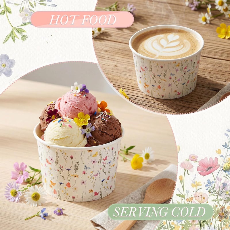 Maxdot 50 Pcs Spring Snack Cups 9oz Disposable Ice Cream Cups Flower and Butterfly Decorative Paper Dessert Bowls Spring Party Supplies for Yogurt, Cupcakes, Soup Hot or Cold Food - Image 3