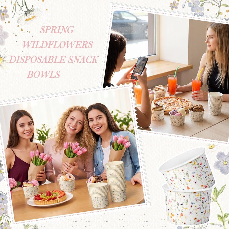 Maxdot 50 Pcs Spring Snack Cups 9oz Disposable Ice Cream Cups Flower and Butterfly Decorative Paper Dessert Bowls Spring Party Supplies for Yogurt, Cupcakes, Soup Hot or Cold Food - Image 4