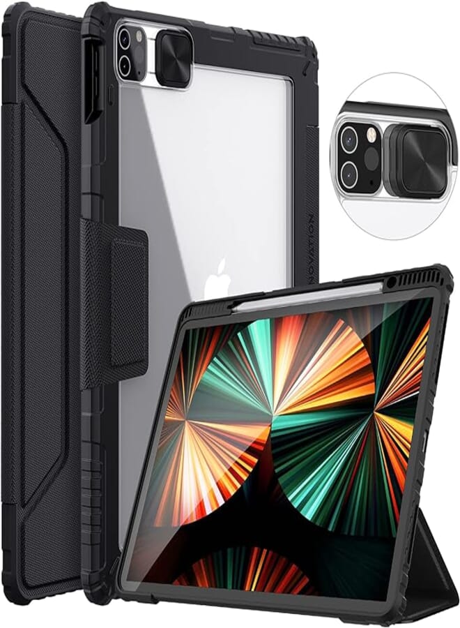 Nillkin Nillkin Case for iPad Pro 12.9 2021/2020, [Slide Camera Cover, Built-in Pencil Holder] PU Leather Protective Stand Cover with Auto Sleep - Black 