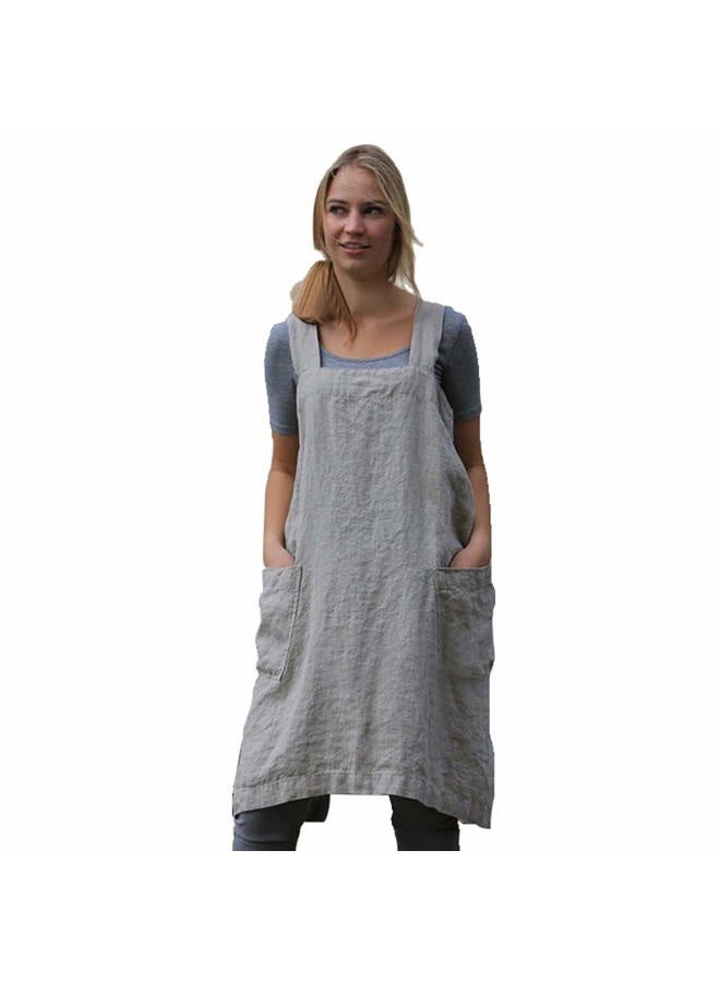 Larmliss Women's Pinafore Square Apron Baking Cooking Gardening Works Cross Back Cotton/Linen Blend Dress with 2 Pockets Gray - Image 1