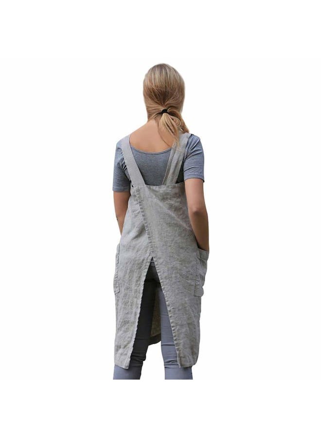 Larmliss Women's Pinafore Square Apron Baking Cooking Gardening Works Cross Back Cotton/Linen Blend Dress with 2 Pockets Gray - Image 5