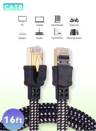 Cat8 Ethernet Cable High Speed 40Gbps 2000MHz RJ45 Network Internet Braided Shielded Cord LAN Wire Compatible with Gaming Switch PC PS5 PS4 Xbox Modem Router WIFI Extender Patch Panel -5M Black - pzsku/Z3B30D68E82B9372AAF3CZ/45/_/1731986313/9c6d5136-e1fd-4d07-9d37-a6c83b7ce0b9