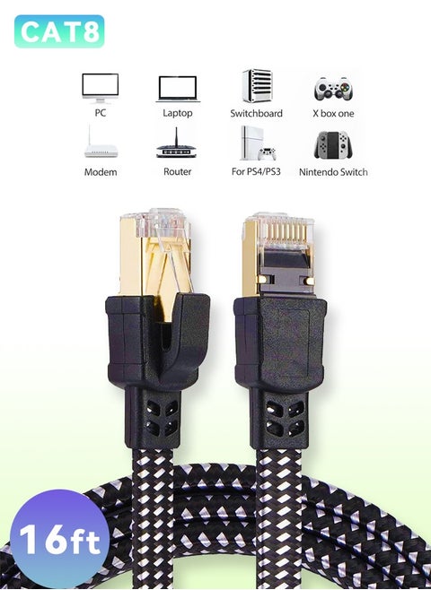 Cat8 Ethernet Cable High Speed 40Gbps 2000MHz RJ45 Network Internet Braided Shielded Cord LAN Wire Compatible with Gaming Switch PC PS5 PS4 Xbox Modem Router WIFI Extender Patch Panel -5M Black
