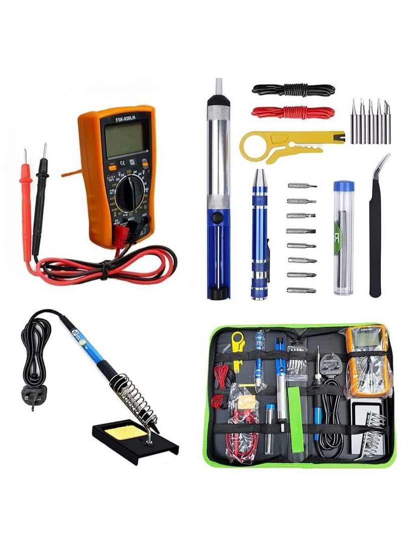 Soldering Iron Kit 60W Adjustable Temperature Welding Tool, Digital Multimeter, 2pcs Soldering Iron Tips, Desoldering Pump, Wire Stripper Cutter, Tweezers, Iron Stand, 2pcs Electronic Wire - Image 1