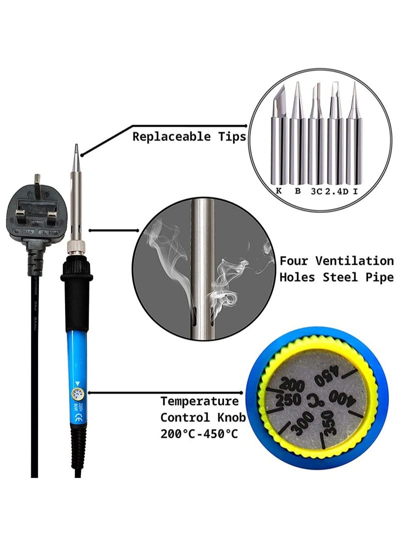 Soldering Iron Kit 60W Adjustable Temperature Welding Tool, Digital Multimeter, 2pcs Soldering Iron Tips, Desoldering Pump, Wire Stripper Cutter, Tweezers, Iron Stand, 2pcs Electronic Wire - Image 3