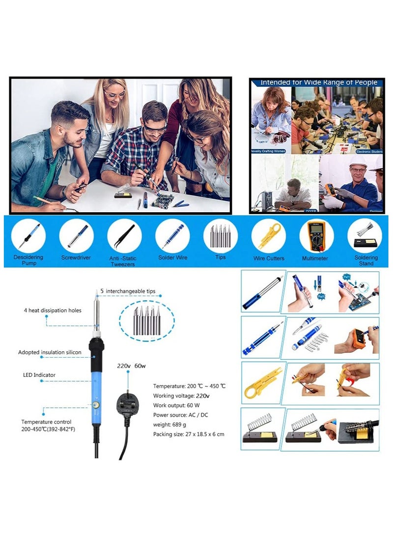 Soldering Iron Kit 60W Adjustable Temperature Welding Tool, Digital Multimeter, 2pcs Soldering Iron Tips, Desoldering Pump, Wire Stripper Cutter, Tweezers, Iron Stand, 2pcs Electronic Wire - Image 4