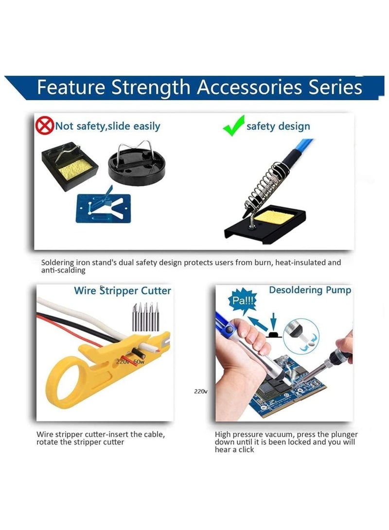 Soldering Iron Kit 60W Adjustable Temperature Welding Tool, Digital Multimeter, 2pcs Soldering Iron Tips, Desoldering Pump, Wire Stripper Cutter, Tweezers, Iron Stand, 2pcs Electronic Wire - Image 5