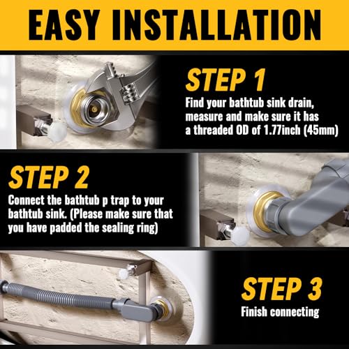 VIVIDA Bathtub Shower Drain Pipe, 1-1/2" Low Profile P Trap Bathtub Fittings, Flexible Flat P Trap Freestanding Tub Drain for Bath and RV, Sealing Tape Included, Gray, 1 PACK - Image 3