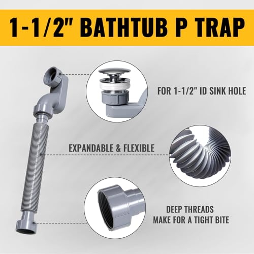 VIVIDA Bathtub Shower Drain Pipe, 1-1/2" Low Profile P Trap Bathtub Fittings, Flexible Flat P Trap Freestanding Tub Drain for Bath and RV, Sealing Tape Included, Gray, 1 PACK - Image 5