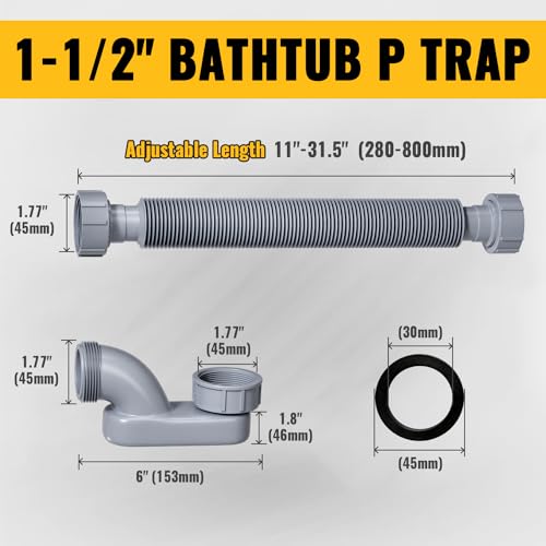 VIVIDA Bathtub Shower Drain Pipe, 1-1/2" Low Profile P Trap Bathtub Fittings, Flexible Flat P Trap Freestanding Tub Drain for Bath and RV, Sealing Tape Included, Gray, 1 PACK - Image 2