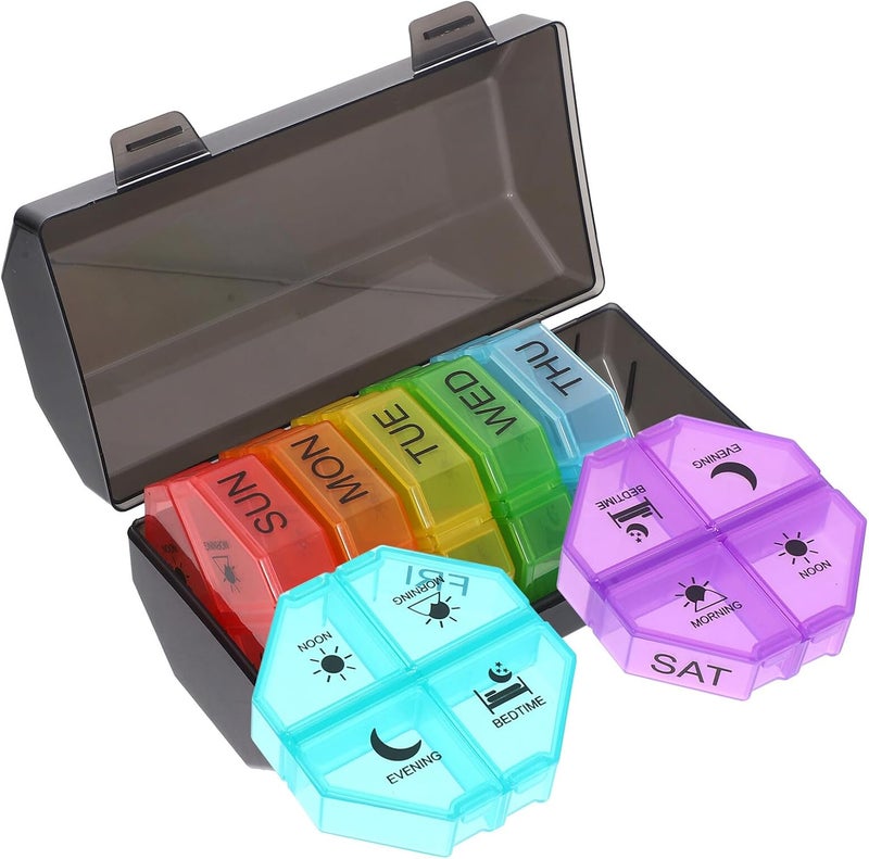 Weekly Portable Pill Organizer 7-Day Travel Medicine Case 4 Compartments Small Daily Pill Holder with Color-Coded Lids for Nutritional Supplements - Image 1