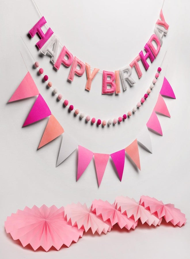 Danadia Pre-Strung 3D Felt Happy Birthday Banner, Reusable Pink Birthday Party Decorations for Women, Happy Birthday Sign with Felt Ball Garland, Pennant Flag, Hanging Paper Fans - Image 1