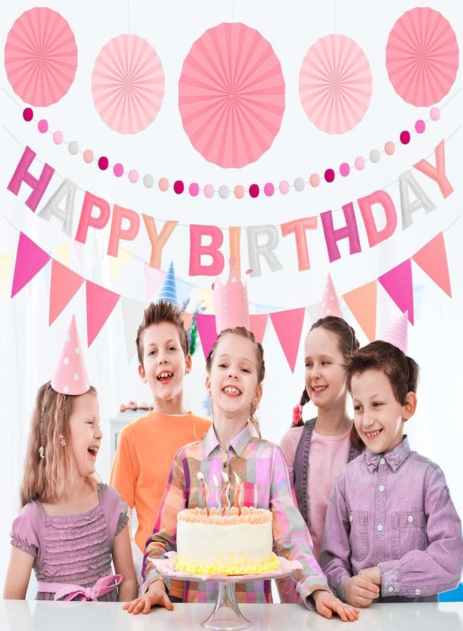 Danadia Pre-Strung 3D Felt Happy Birthday Banner, Reusable Pink Birthday Party Decorations for Women, Happy Birthday Sign with Felt Ball Garland, Pennant Flag, Hanging Paper Fans - Image 3
