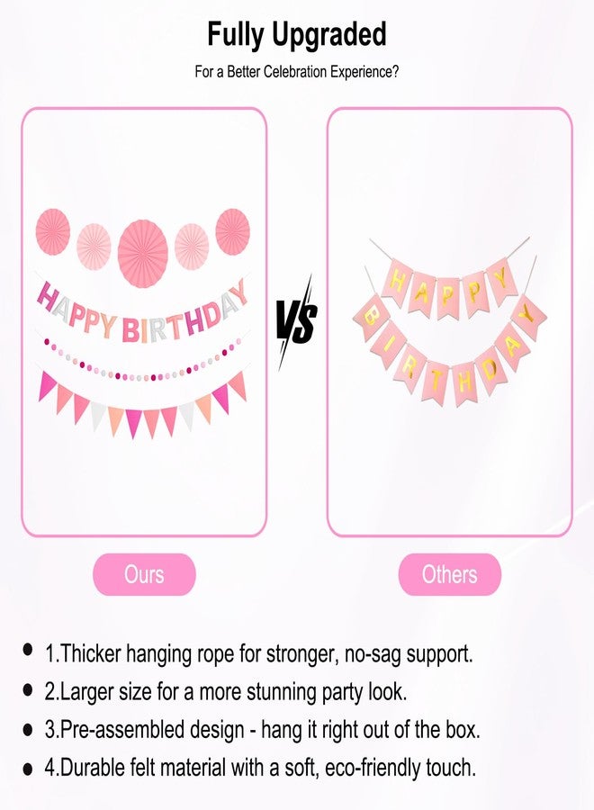 Danadia Pre-Strung 3D Felt Happy Birthday Banner, Reusable Pink Birthday Party Decorations for Women, Happy Birthday Sign with Felt Ball Garland, Pennant Flag, Hanging Paper Fans - Image 5