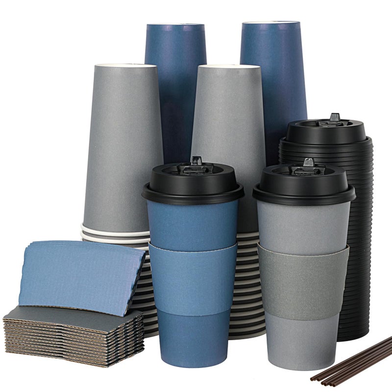 LITOPAK 100 Pack 20 oz Disposable Paper Coffee Cups with Lids Sleeves and Stirring Sticks for Hot Coffee Water or Juice Blue and Gray Hot Paper Cups for Cafes schools offices shops