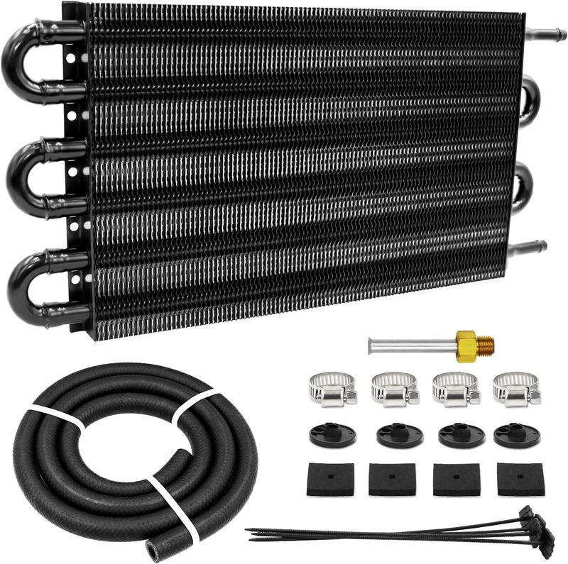 ACmango Store 6 Pass Ultra-Cool Tube and Fin Transmission Cooler Universal 5/16" Oil Cooler Kit 403 Aluminium Black - Image 1
