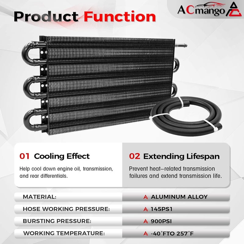ACmango Store 6 Pass Ultra-Cool Tube and Fin Transmission Cooler Universal 5/16" Oil Cooler Kit 403 Aluminium Black - Image 2