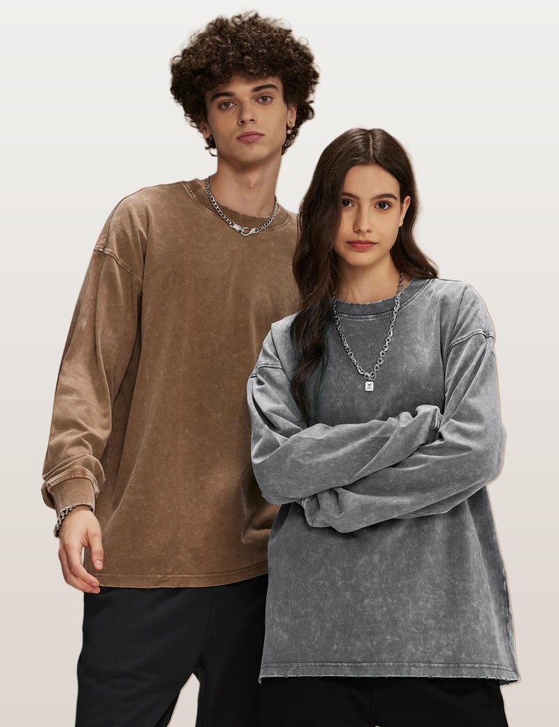 Arssm 3 Pack Mens Oversized T-Shirts Cotton Long Sleeve Tshirts Vintage Acid Wash Baggy Tees(BlackGreyKhaki-XL) - Image 2