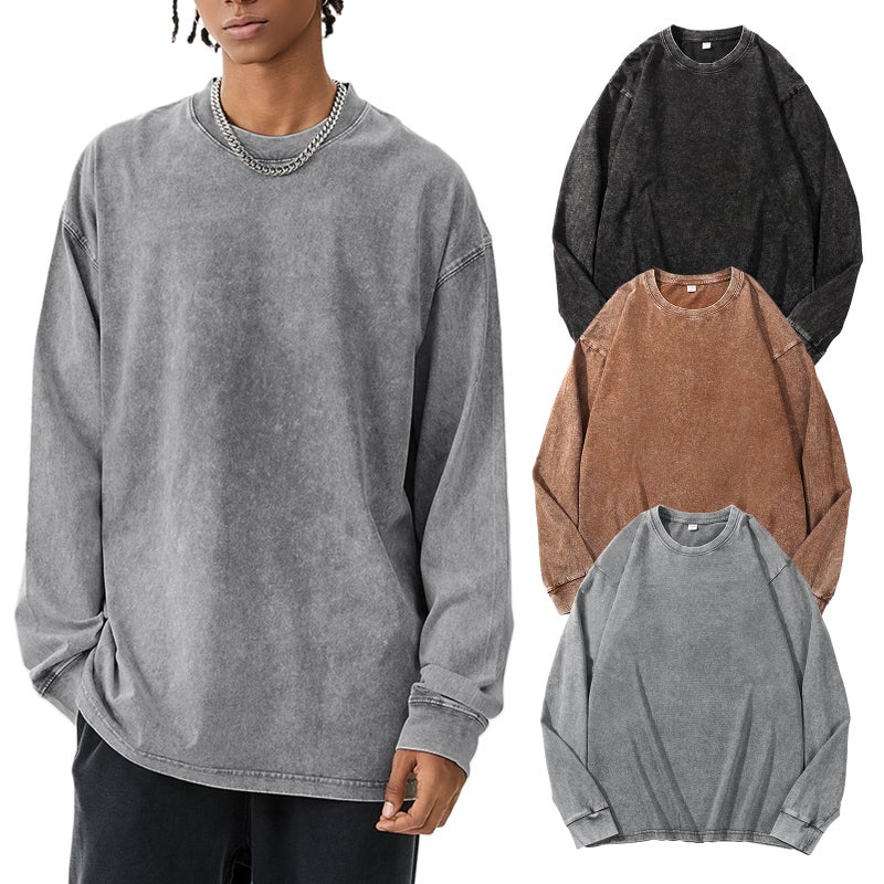 Arssm 3 Pack Mens Oversized T-Shirts Cotton Long Sleeve Tshirts Vintage Acid Wash Baggy Tees(BlackGreyKhaki-XL) - Image 1