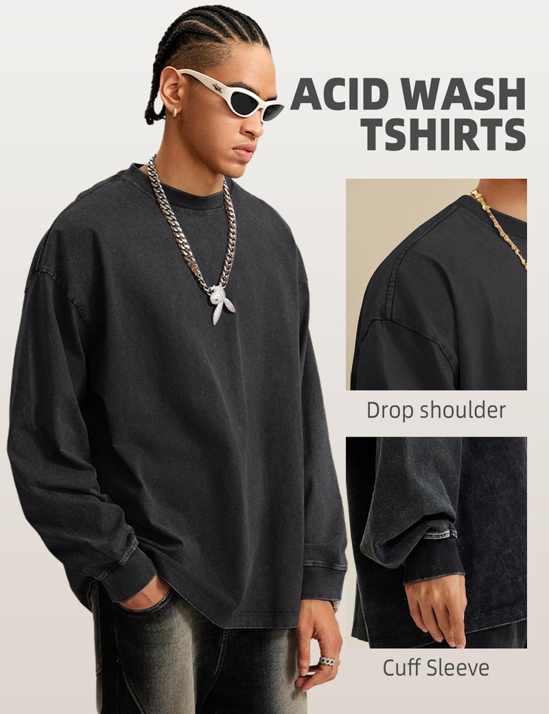 Arssm 3 Pack Mens Oversized T-Shirts Cotton Long Sleeve Tshirts Vintage Acid Wash Baggy Tees(BlackGreyKhaki-XL) - Image 3