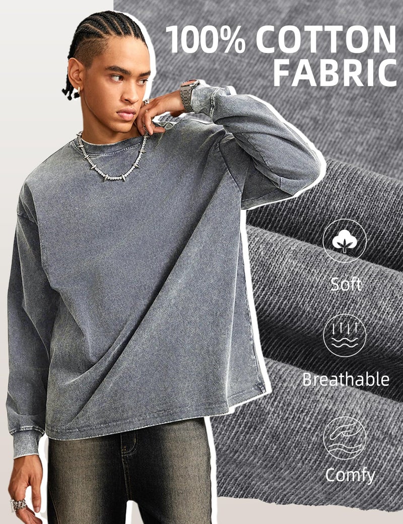 Arssm 3 Pack Mens Oversized T-Shirts Cotton Long Sleeve Tshirts Vintage Acid Wash Baggy Tees(BlackGreyKhaki-XL) - Image 5