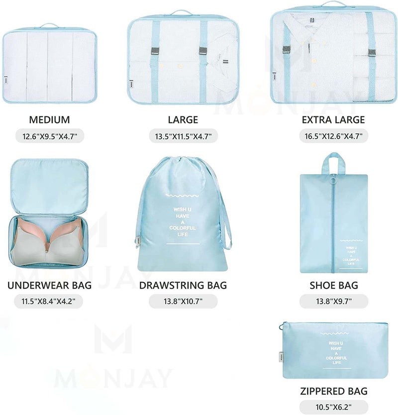 MONJAY 7pcs pouche Set Travel Organizer Packing Cubes Lightweight Travel Luggage Organizers with Laundry Bag or Toiletry Bag Laundry Organiser (7 PCS, Korea Blue) - Image 2