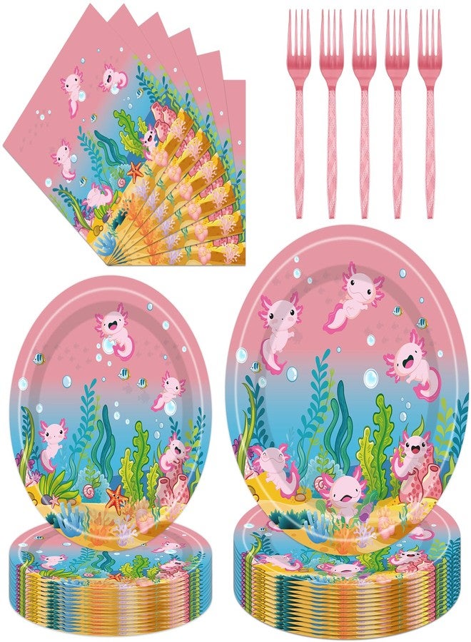 iPartyGo Axolotl Birthday Plates Napkins - 96 PCs Pink Forks Party Supplies Cartoon Cute Reptile Animals Disposable Tableware Set Favors Serves 24 Guest Girls Happy Birthday Party Decorations - Image 1