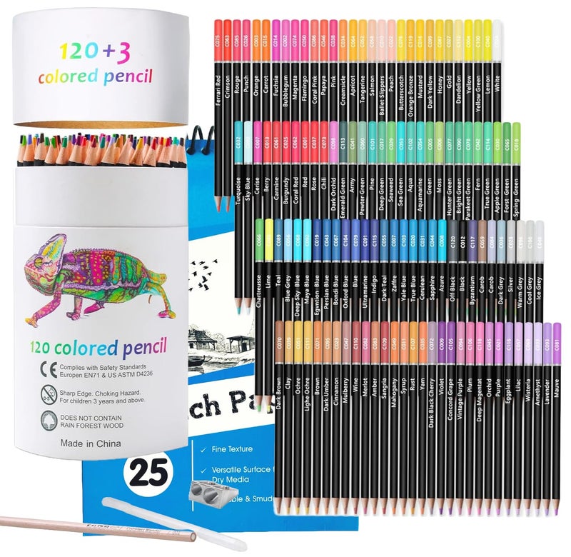 Corslet Corslet Premium Colour Pencils Set of 120 A5 Sketch Book 25 Sheets Pencil Colours Artists Soft Core Vibrant Color Pencil Set for Drawing Sketching Shading Coloring Pencils for Adult Beginners Kids