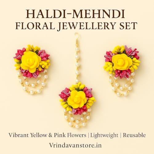 Vrindavanstore.in Haldi-Mehndi Floral Jewellery Set for Bride | Yellow-Pink Foam Flowers with Pearls | Lightweight | Reusable | Perfect for Haldi, Mehndi & Wedding Functions - Image 3